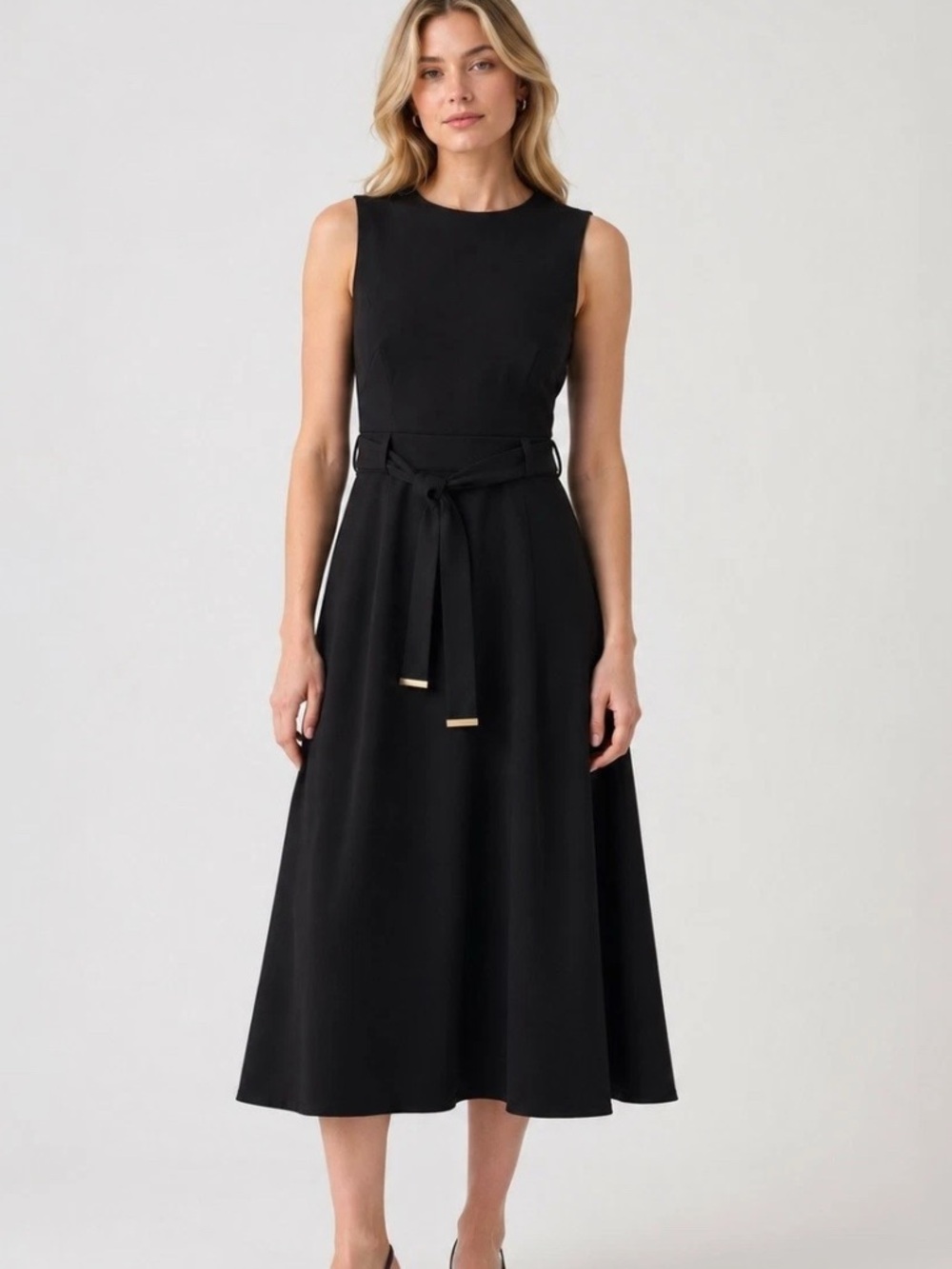 Calvin Klein Black Sleeveless Midi Dress with Tie Belt